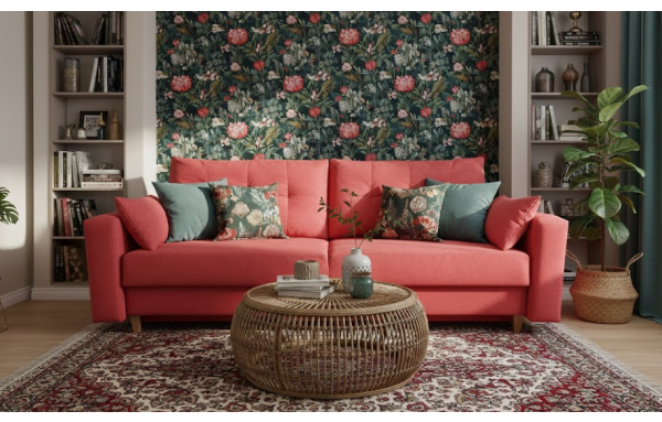 Sofa Kristi II marchewkowa na sprężynach z funkcją spania i pojemnikiem